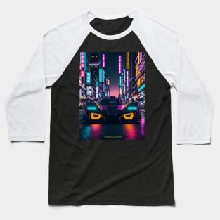 Dark Neon Sports Car in Japanese Neon City Baseball T-Shirt